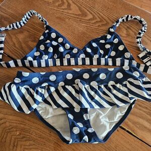 Childrens Place Girls 12 Navy Polka Dot Stripe Bikini Swimwear 2‑Piece Set Y2K